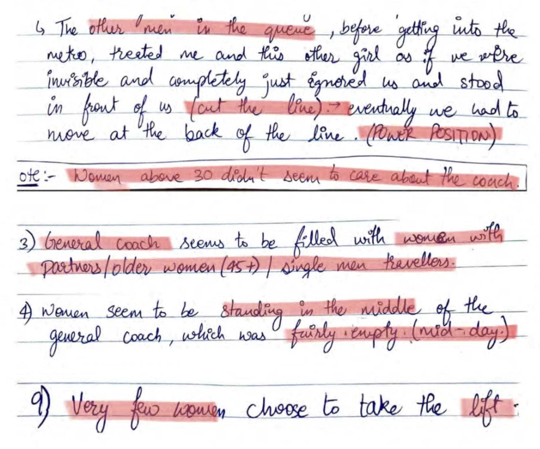 Field notes — observation overview across three sessions